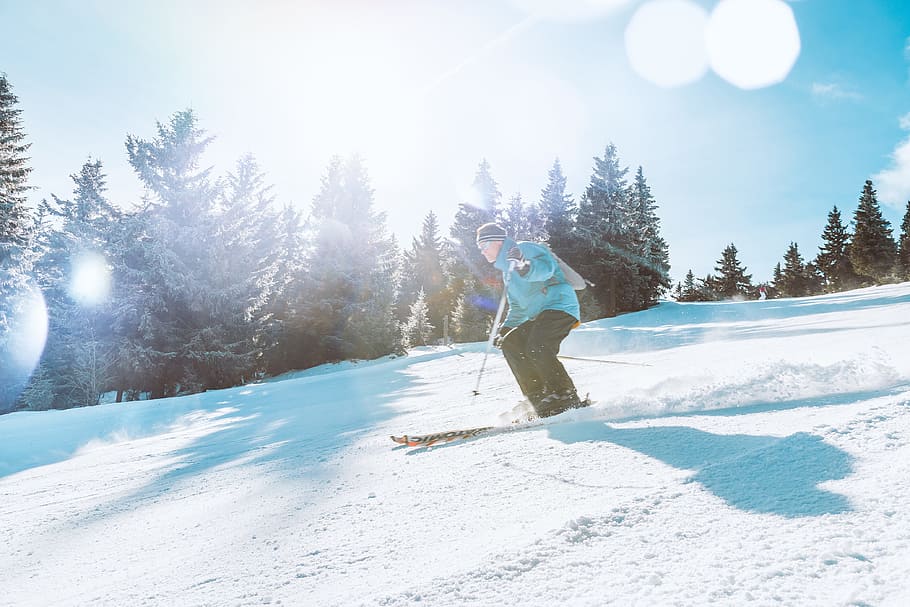 esquí esquiador, cuesta abajo, soleado, día, alto, montañas, nieve, invierno, temperatura fría, deporte