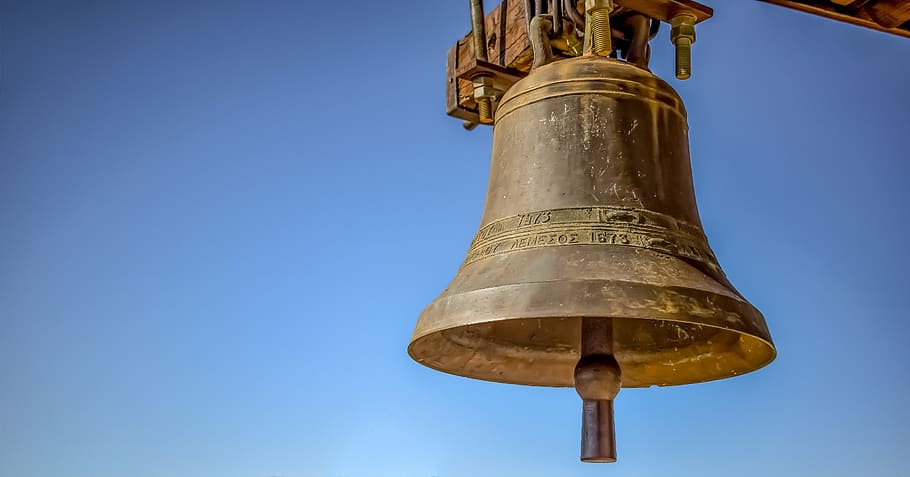 bell, church, sky, religion, low angle view, metal, blue, day, clear sky, nature