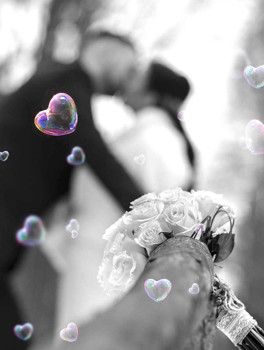 coração, bolhas, flor, preto e branco, de cor, a relação do, casamento, felicidade, amor, juntos