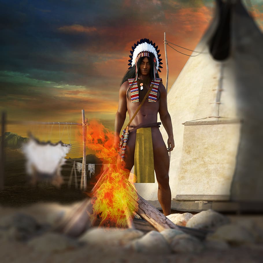 homem, índios, oeste selvagem, pele, fogueira, religião, cultura, jóias da primavera, orgulho, guerreiro