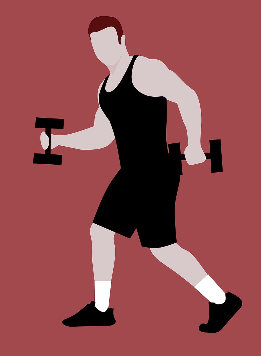 hombre, trabajando, pesas, -, ilustración., culturismo, gimnasio, fitness, dieta, atlético