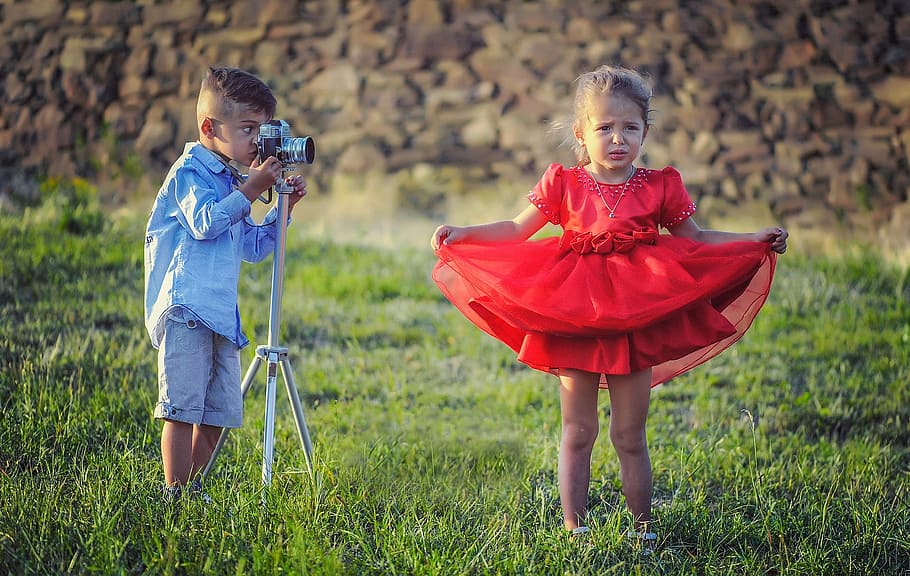 fotógrafo, profesional, fotografía, niño, pose, dos personas, infancia, mujeres, plantas, niñas