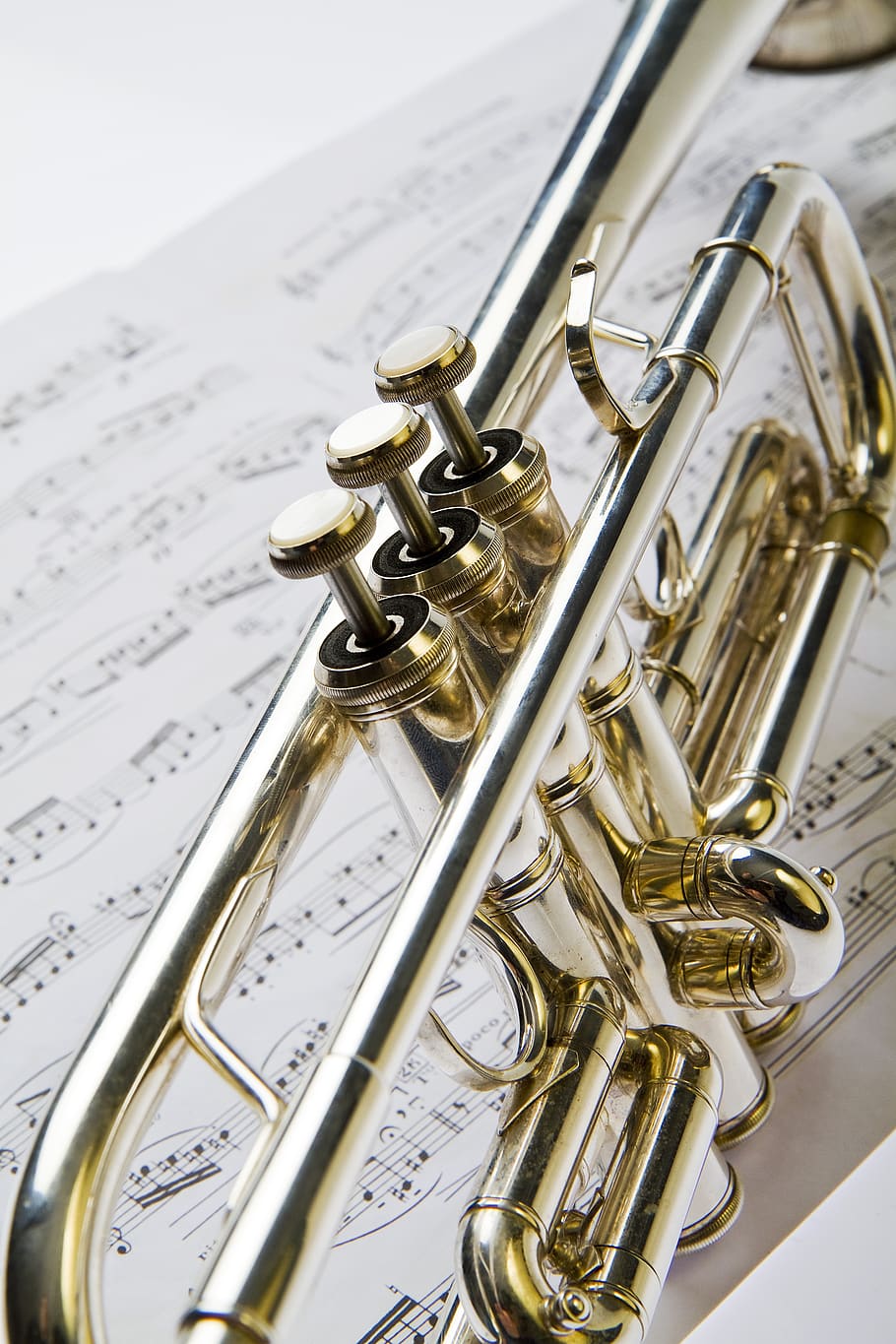 music, trumpet, notes, instruments, musical instrument, metal, close-up, arts culture and entertainment, sheet, still life