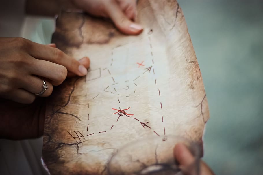 treasure map, navigation, map, exploration, hands, people, directions, navigate, treasure hunt, human hand