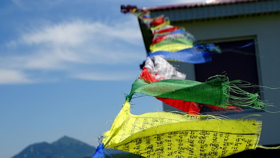 flags, buddhism, mantra, meditation, culture, religion, mountains, temple, traditions, spirituality