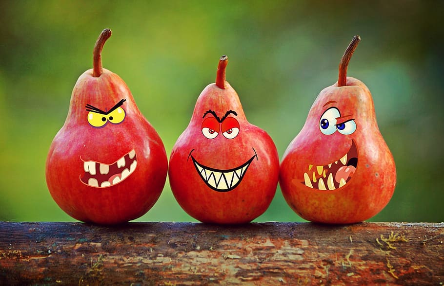 angry, funny, pears, fruit, food, nature, sweet, food and drink, anthropomorphic, face
