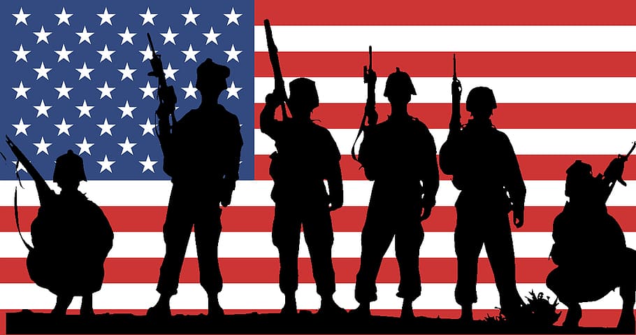 usa, flag, army, soldiers, silhouette, stripes, stars, war, group of people, people