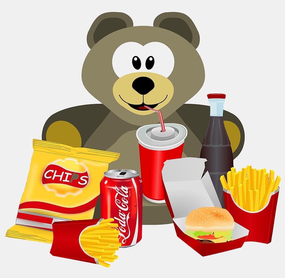 comic, bear, food, coca, cola, chips, food and drink, red, still life, flag