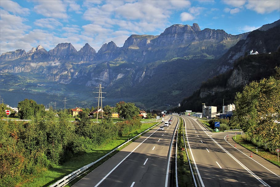 alpine, highway, panorama, far view, road, travel, transport, see, traffic, clouds