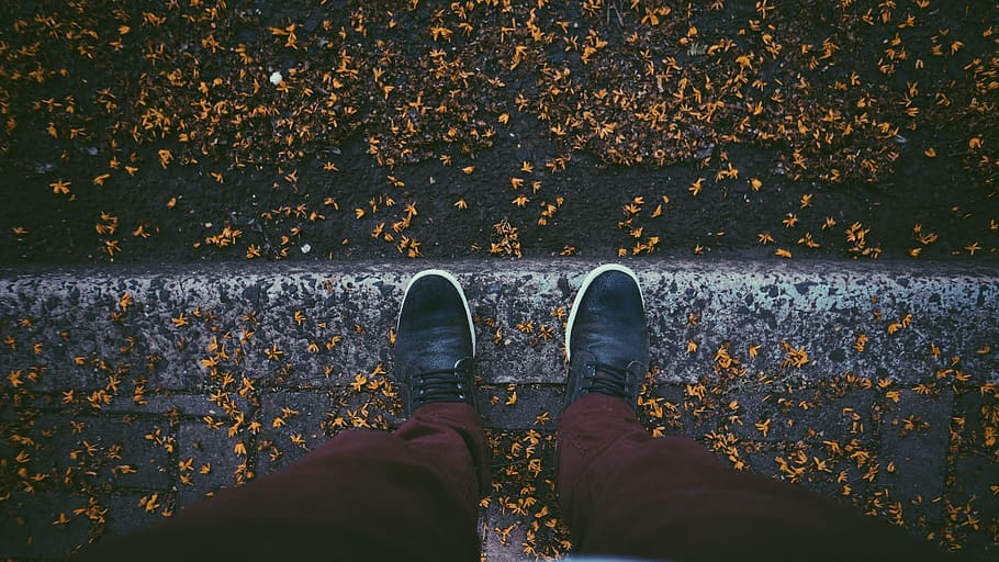 autumn, brown, falls, feet, gray, leaves, legs, men, shoes, yellow
