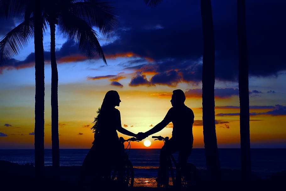 bicycle, outdoor, couple, silhouette, bike, cycling, exercise, outdoors, person, sunrise