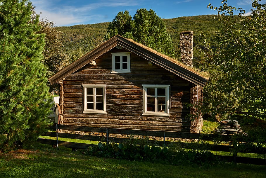 rumah, rumah kayu, bangunan, gubuk, tua, langit, idyll, log kabin, romantis, norwegia