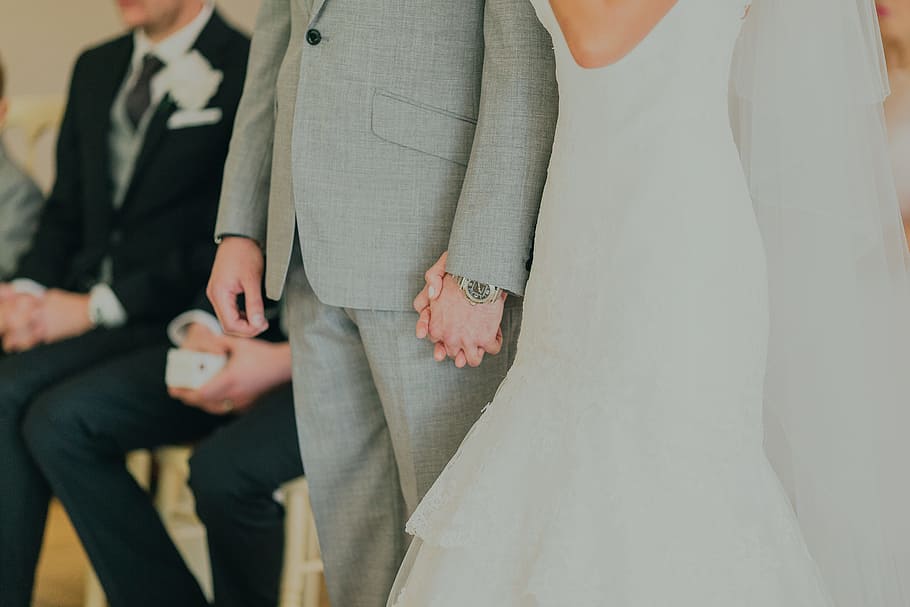 upacara pernikahan, pengantin perempuan, laki-laki, romantis, cinta, orang, pria, wanita, berpegangan tangan, tangan
