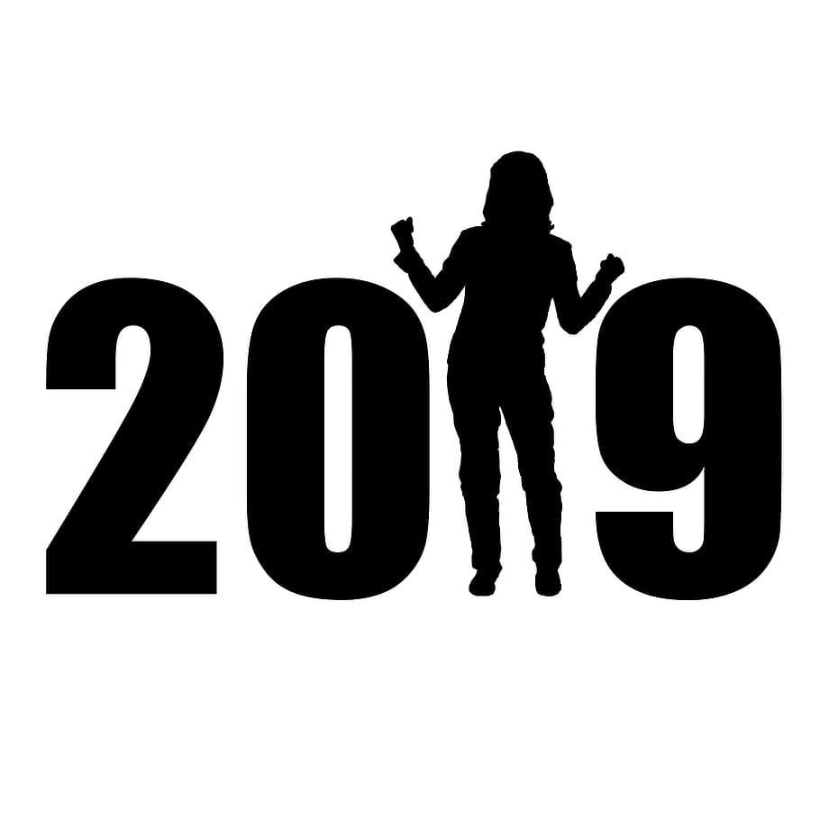 ilustração, números, -, texto, novo, ano 2019., ano novo, 2019, mulher, estilo de vida