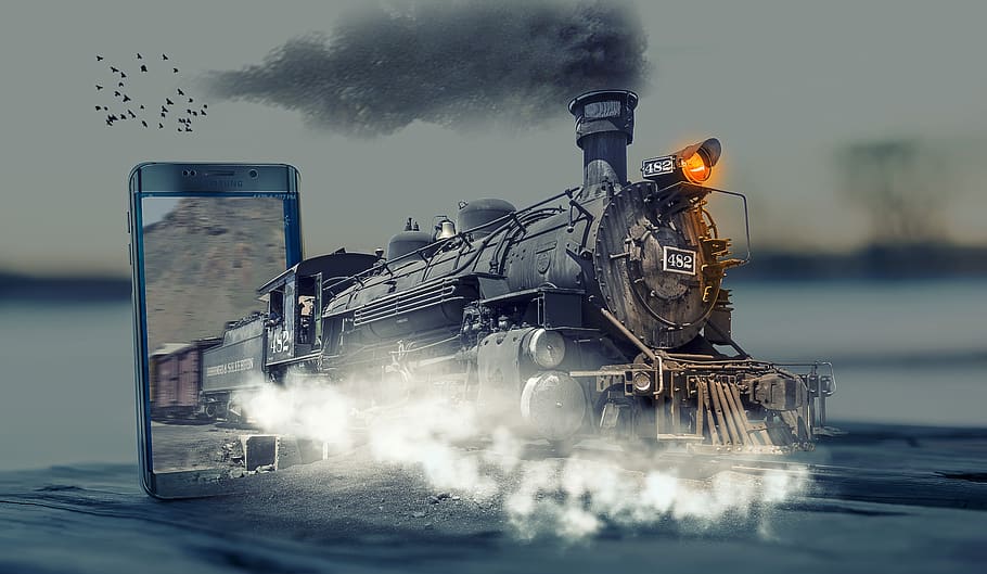 manipulation, locomotive, steam train, manipulation smartphone, phone, pop out, smoke, mode of transportation, sky, smoke - physical structure