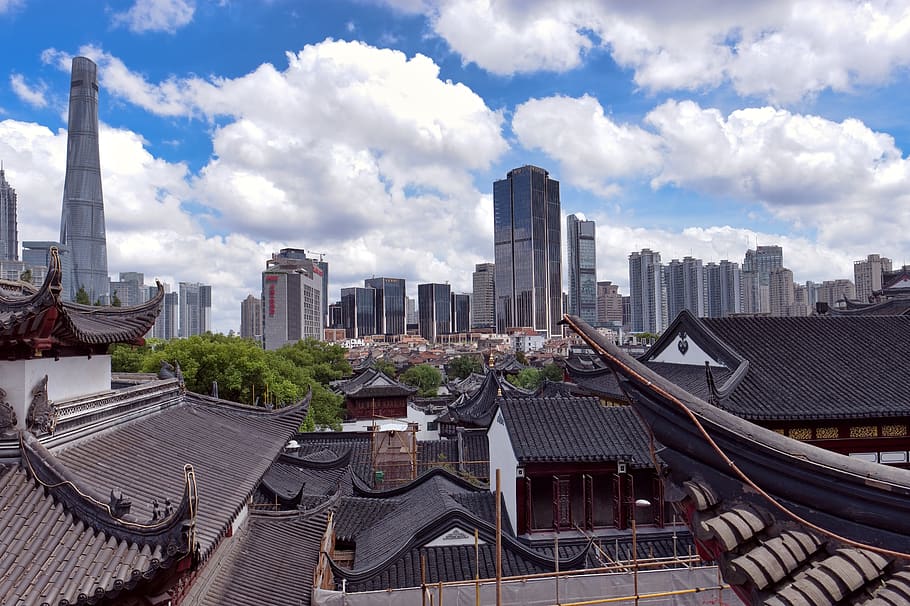 shanghai, new, old, traditional, chinese, china, houses, roofs, skyscrapers, blue