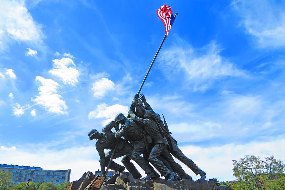 marine, corps, war, memorial, washington, remembrance, soldiers, sky, courage, statue