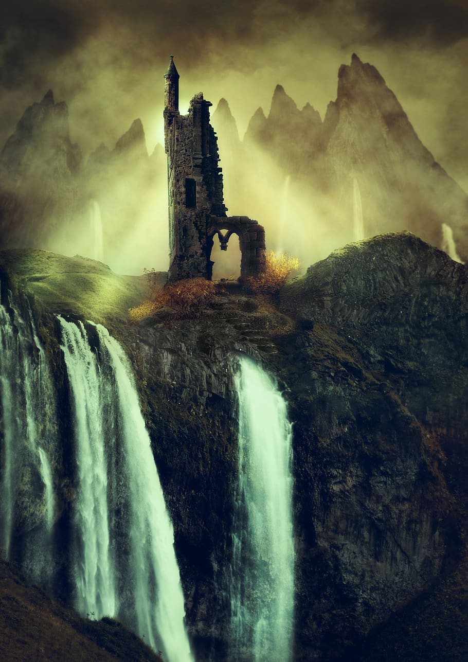 ruin, waterfalls, mountains, fantasy, rock, gorge, landscape, fog, sun, atmosphere