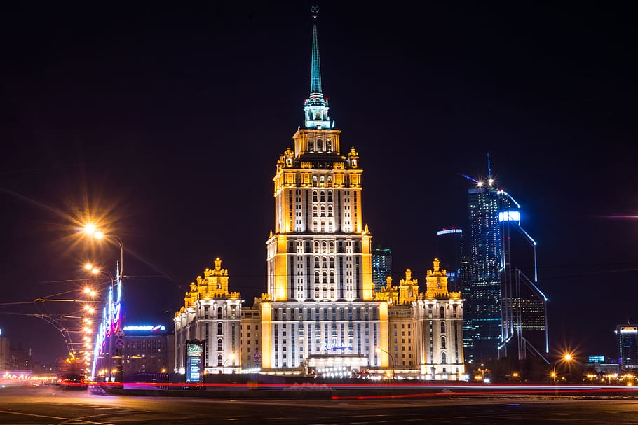hotel in moscow, city and Urban, moscow, architecture, illuminated, building exterior, night, city, built structure, building