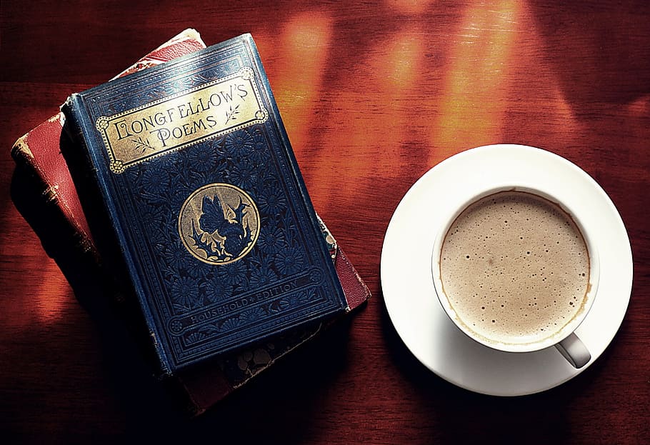 buku-buku, buku-buku tua, puisi, membaca, kopi, cappuccino, minuman, sastra, minum, meja