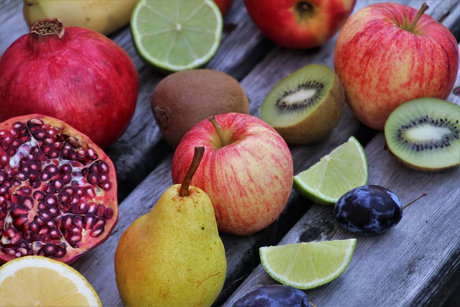 fruta, pera, romã, maçã, limão, comer, comida, atualização, saboroso, saúde
