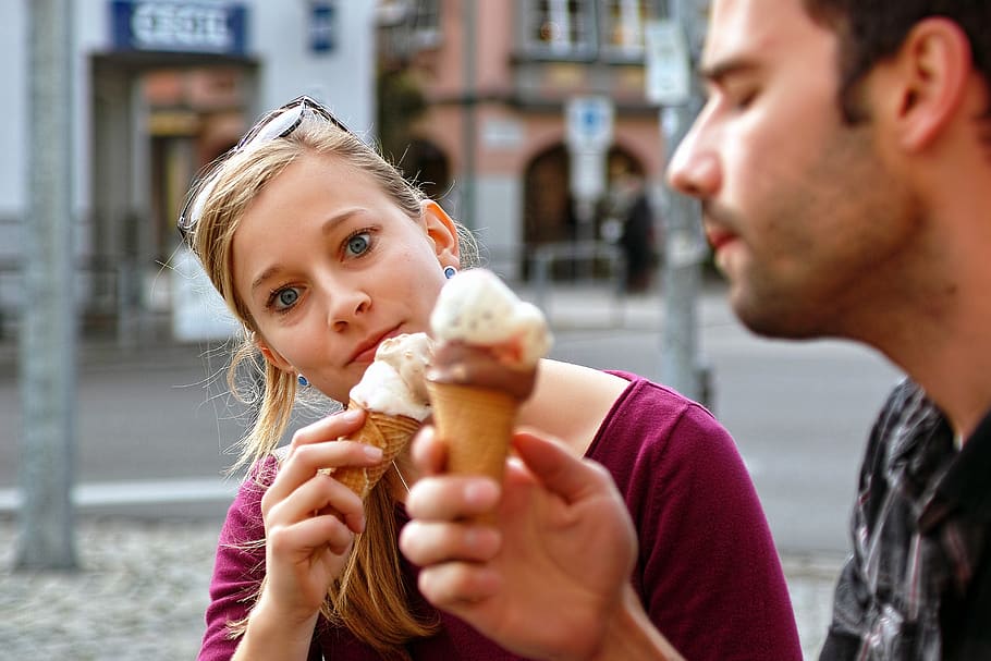 ice cream, ice cream cone, couple, pair, food and drink, two people, holding, headshot, food, child