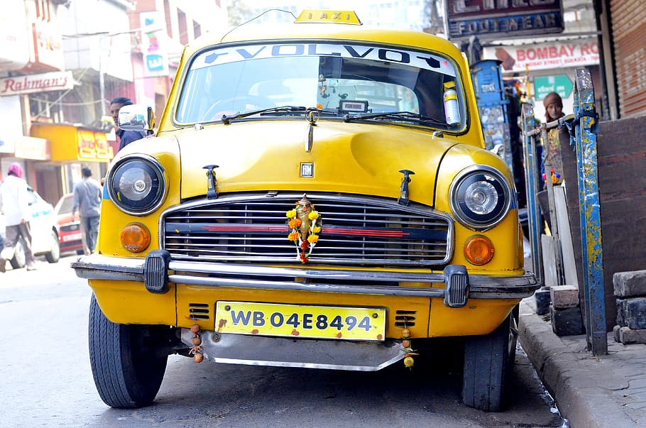 kolkata, táxi, índia, leste de bengala, indiano, amarelo, táxi amarelo, transporte, estrada, veículo