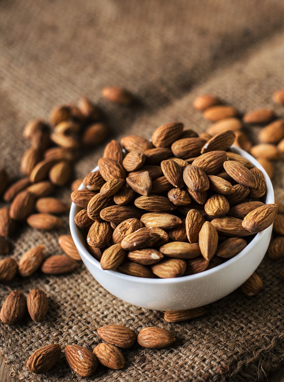 almond, bowl, brown, burlap, closeup, edible, food, gourmet, health, healthy