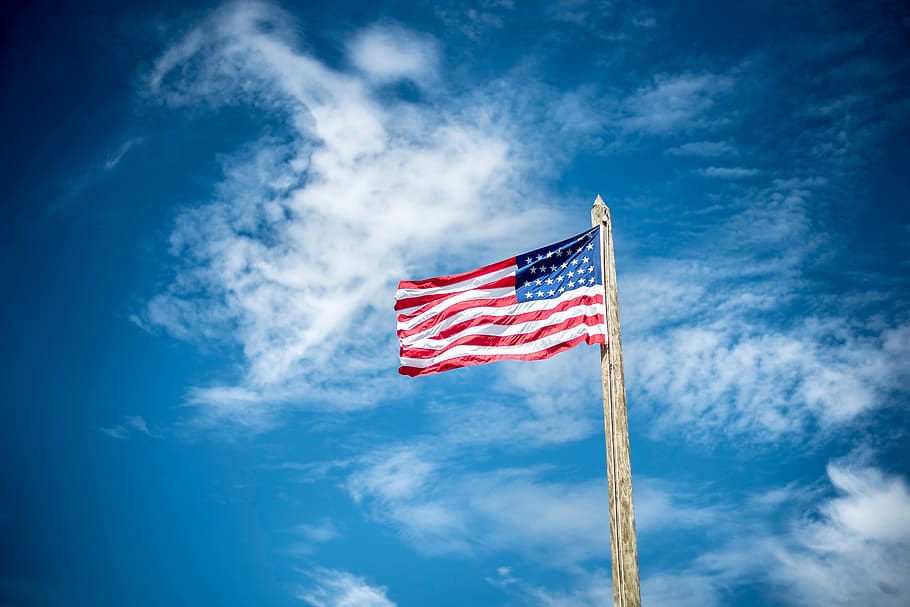 biru, langit, awan, bendera, kutub, amerika serikat, negara bagian, patriotisme, awan - langit, pandangan sudut rendah