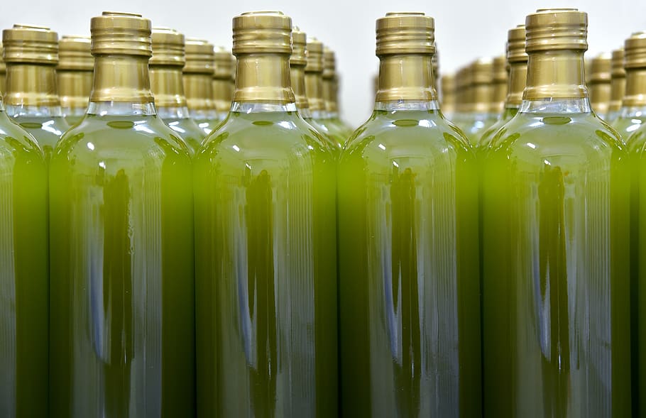bottles, olive oil, oil, food, healthy, kitchen, eat, delicious, glass, green