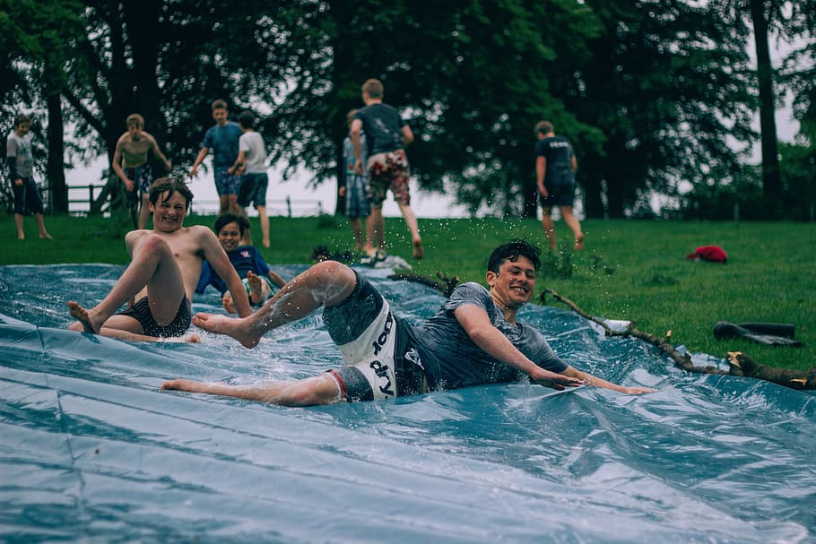 water, slide, people, guys, men, friends, group, party, fun, millenials