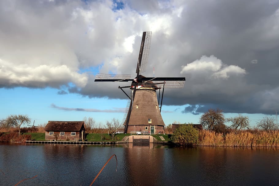 kinderdijk, mill, wind mill, netherlands, holland, wicks, windmill, clouds, mill blades, tourism