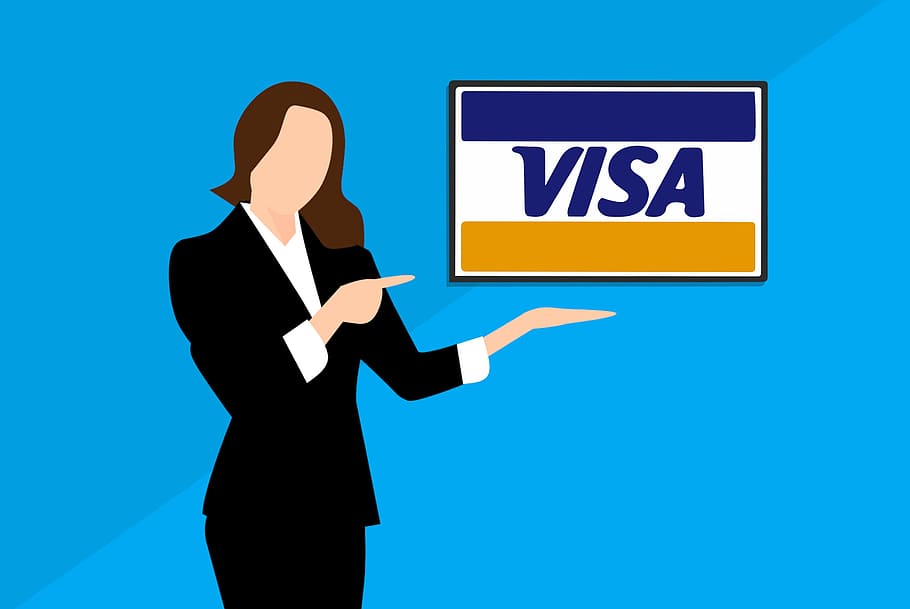 иллюстрация, женщина, кредитная карта, карта., виза, карта, банк, счет, американский, бренд