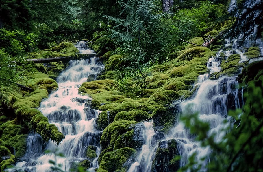 view, waterfalls, green, mountains, beautiful, fall, flowing, levels, moss, mountain