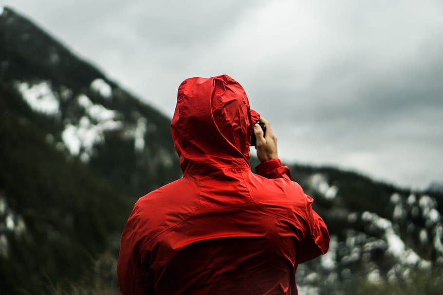 people, man, red, raincoat, outdoor, nature, sky, blur, one person, adult