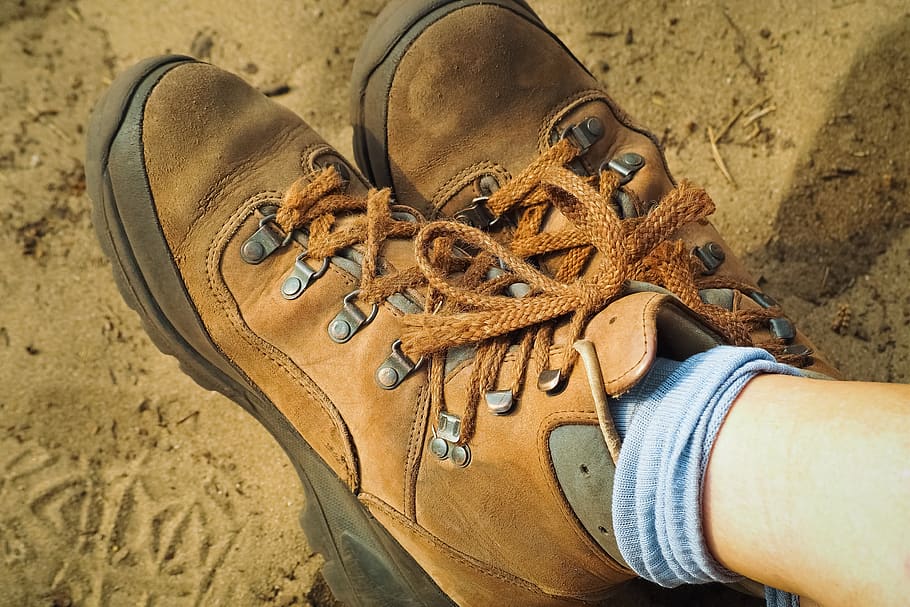 hiking shoes, shoes, hiking, leather, old, outdoor, nature, shoelace, boots, close up