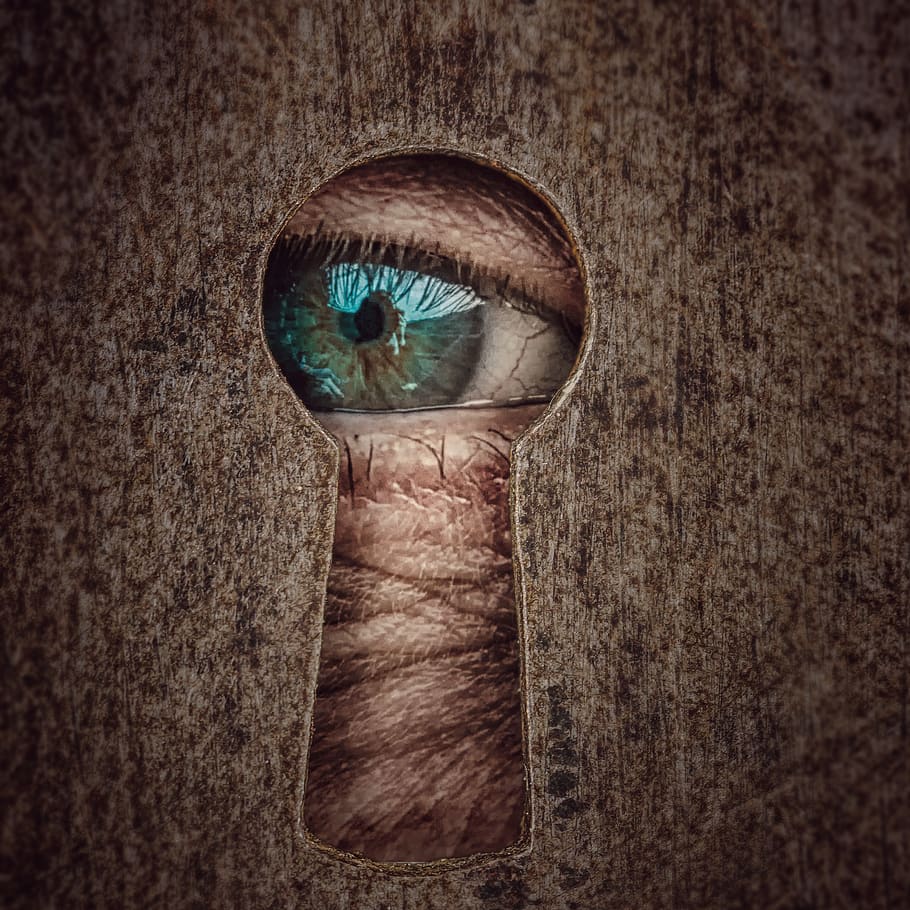 ojo de la cerradura, mirando, ojo, tensor, curiosidad, reloj, espía, reflexión, vista, interiores