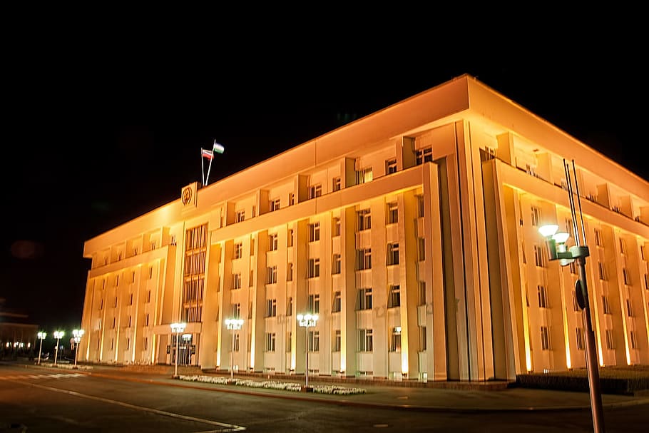 bashkortostan, night, built, curultay, department, exterior, flag, government, whitehouse, outdoors