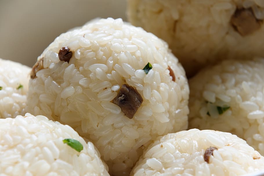 onigiri, traditional, rice croquettes, a bowl of rice, meat grains chives, nutrition, delicious, appetizing, light, food for