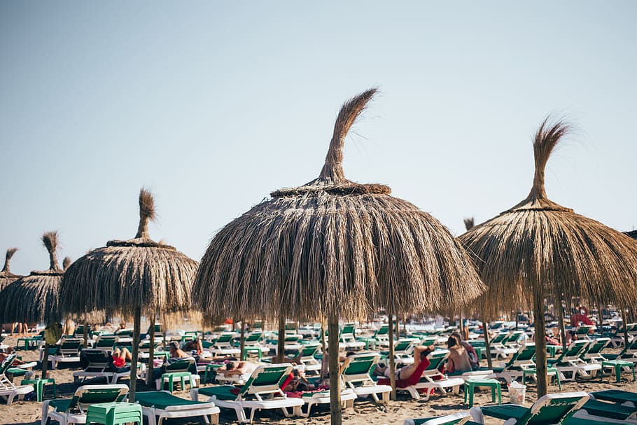 sombrillas de hierba, resort de playa, relajante, turistas, bahía, azul, silla, costa, cubierta, isla