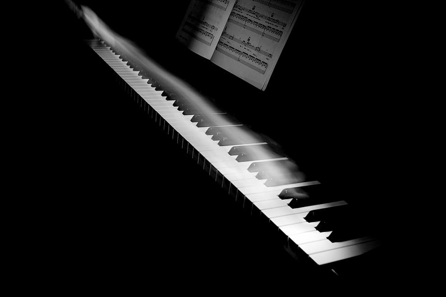 música, instrumento, piano, teclas, movimiento, humo, notas, blanco y negro, todavía, interiores