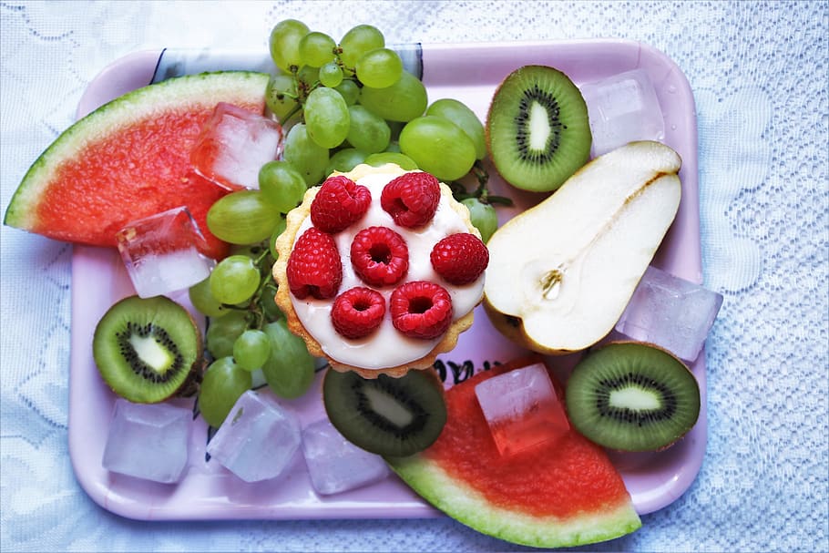 fruit, bio, kiwi, watermelon, raspberries, ice cubes, chilled, refreshment, tasty, colorful