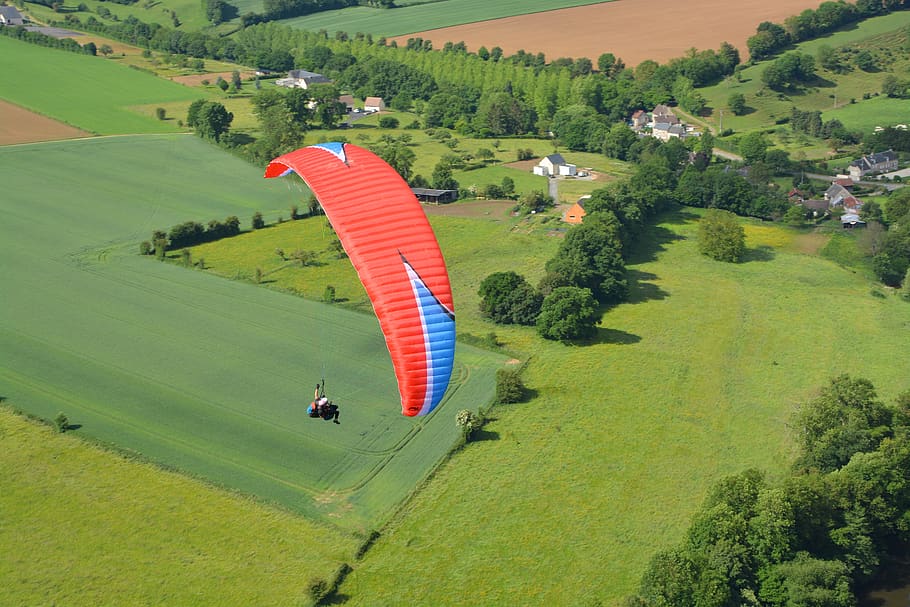 paragliding, paragliding bis place, flight paragliding, baptism paragliding, flight, panoramic views, paragliders, sailing red blue white, red wing blue white, natural landscape