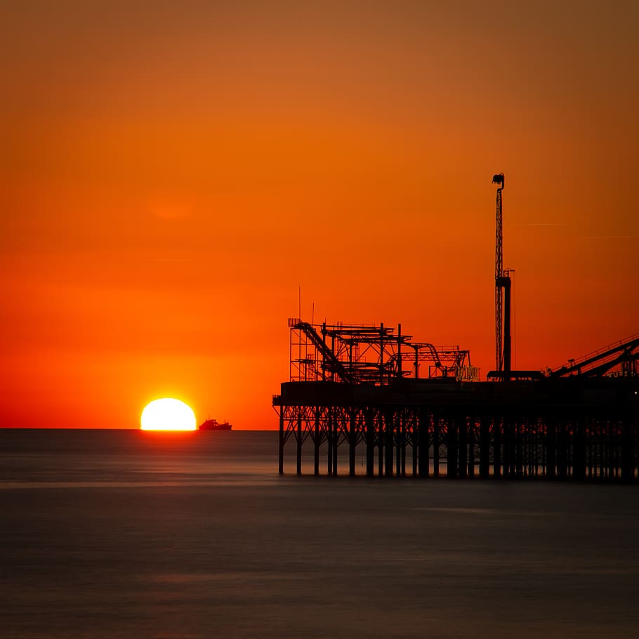 sunset, silhouette, pier, brighton, exposure, sea, ocean, coast, coastal, boat