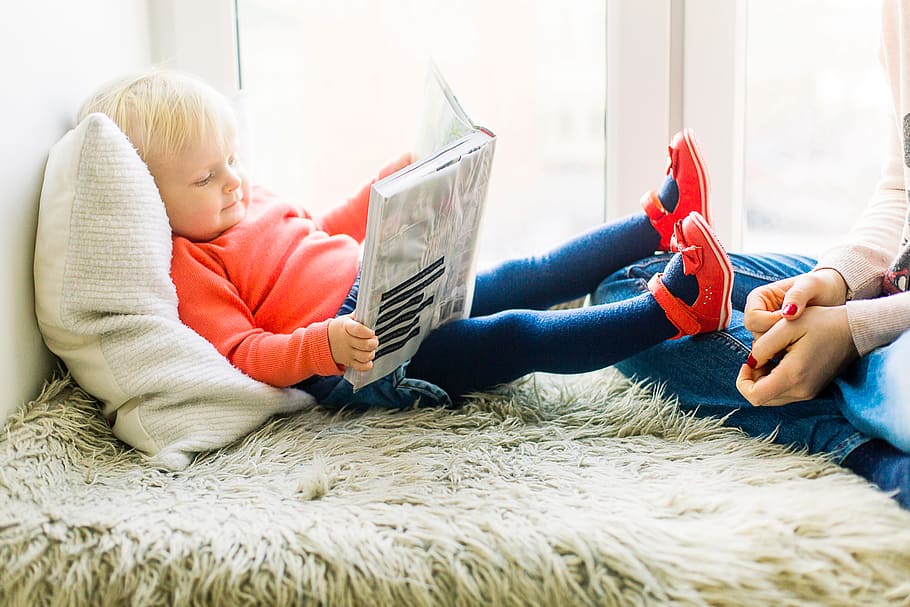 small, chile, reading, book, red, shoes, mum, girl, toddler, baby