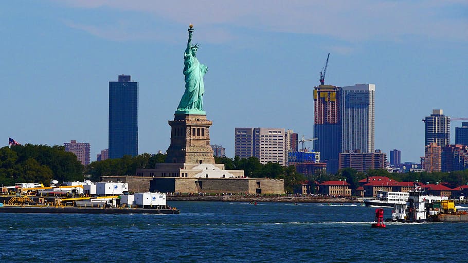 статуя, Свобода, занятый, Новый, Йоркская гавань, Гавань., Статуя свободы, Леди Свобода, Иммиграция, символ