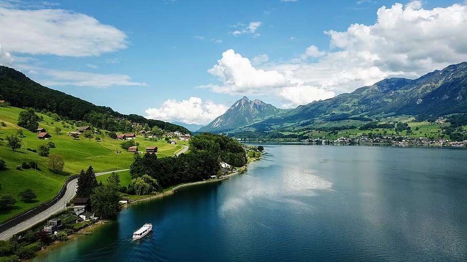 lake, mountains, boat, landscape, nature, water, alpine, sky, bergsee, alm