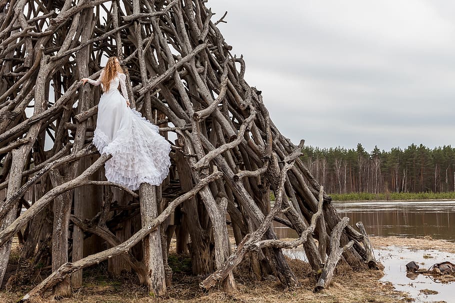 pose, model, bride, white, wood, woods, landscape, high, height, nature