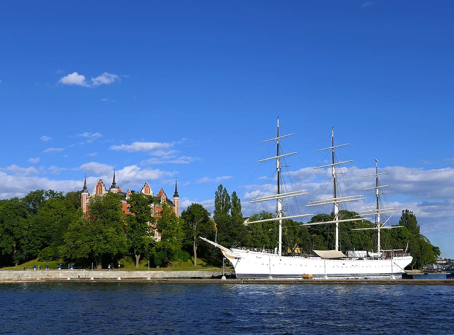 castle, sailboat, 3 masts, sea, youth hostel, marine, water, stockholm, landscape, boat
