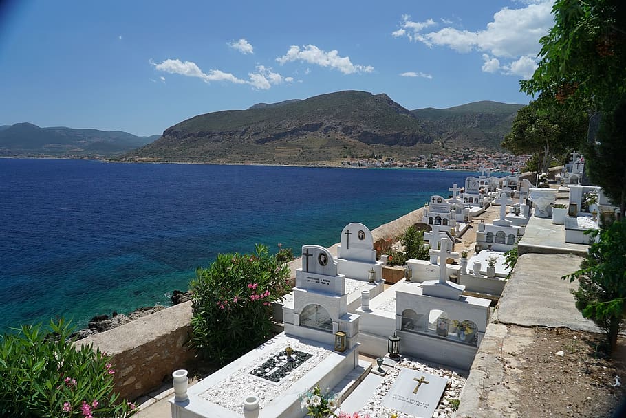 cemetery, sea, mountains, the tomb of, island, water, landscape, death, holidays, monemvasia